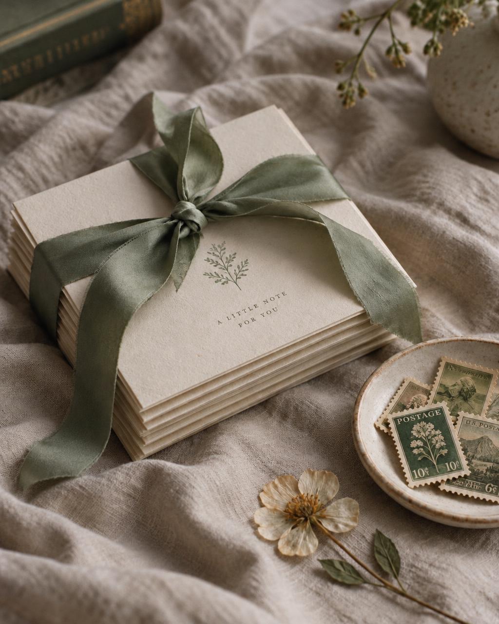 A bundle of cream cards tied with a sage ribbon, beside vintage stamps