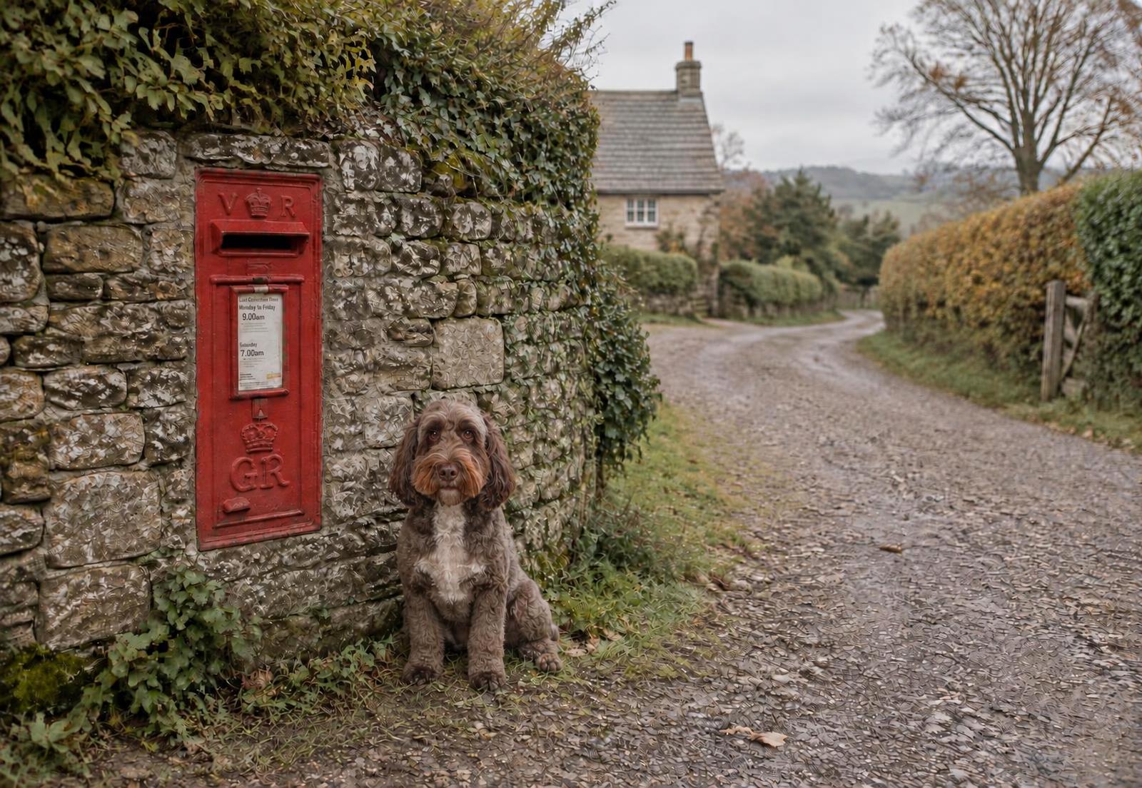 Murphy beside the village postbox in our drystone wall