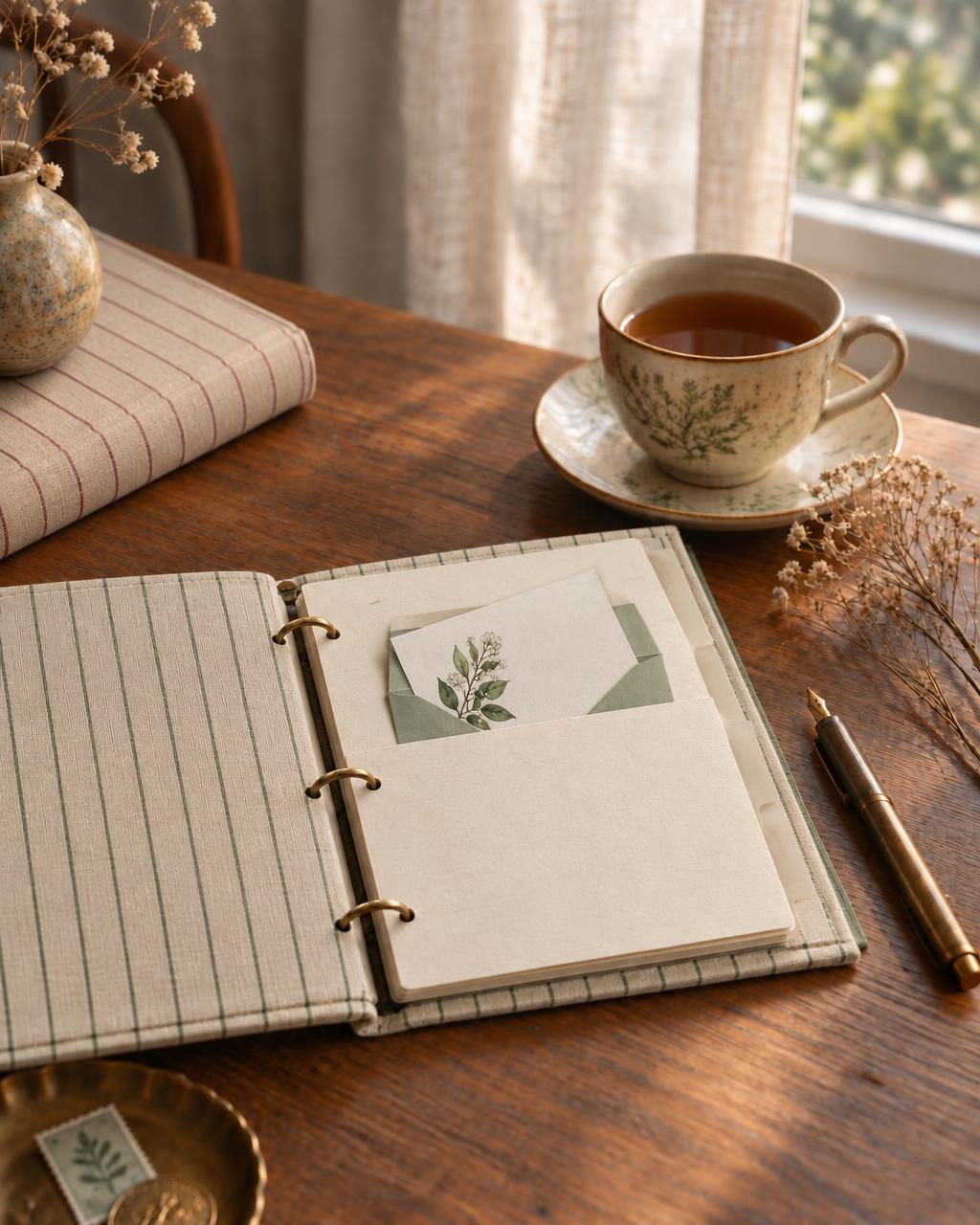 An open journal, tea and a fountain pen in morning light