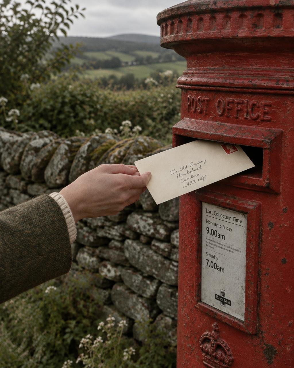 A hand posting a handwritten envelope in a countryside postbox