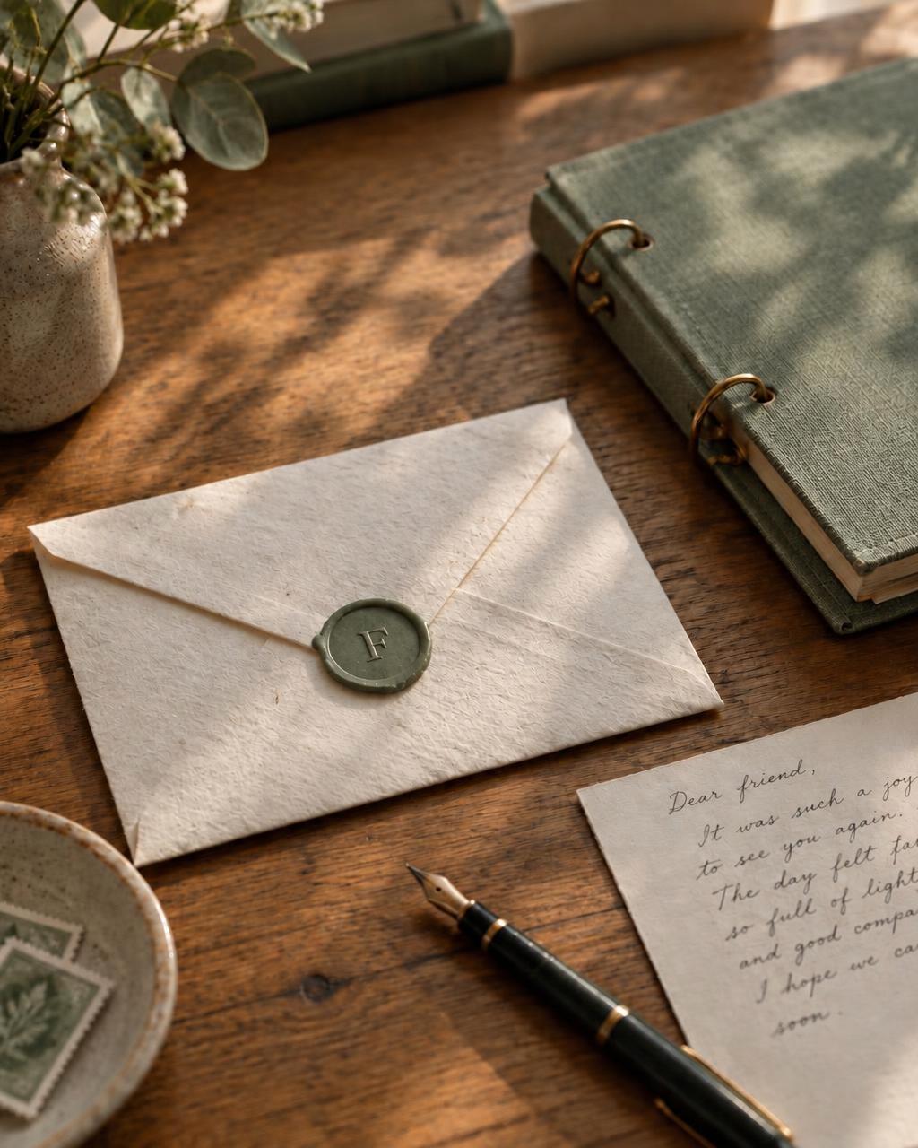 A cream envelope closed with a round sage sticker pressed with the sender's initials